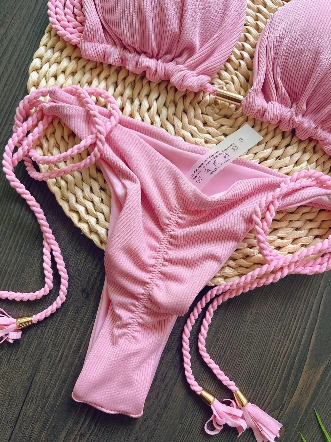 Braided Rope Bikini Set - Women's Two-Piece Solid Triangle Swimwear