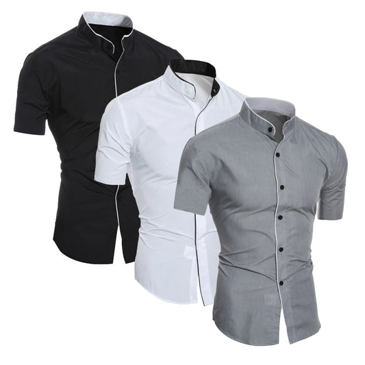 Short-Sleeve Slim Fit Men's Shirt with Stand-Up Collar