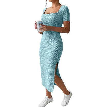 Mid-Length Knitted Dress with Short Sleeves and Slit Detail