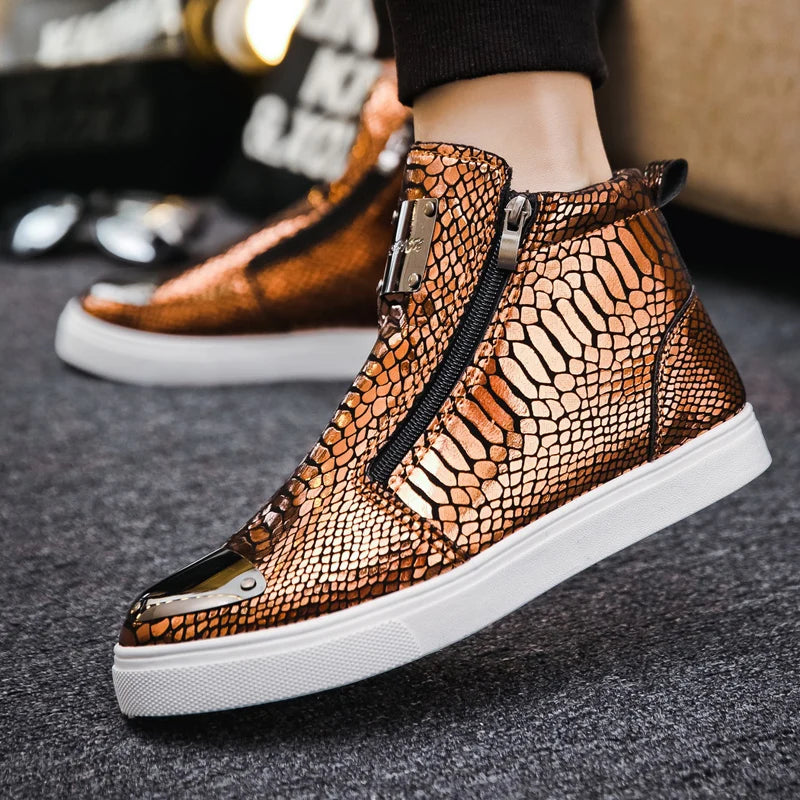 Men's High Top Glitter Faux Leather Sneakers with Zipper