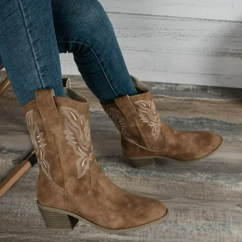 Classic Suede Pointed Toe Wedge Heel Ankle Western Boots