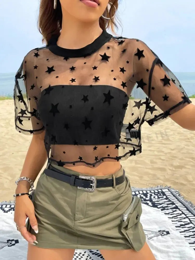 Women's Star-Print Cropped Mesh Top with Drop Shoulders