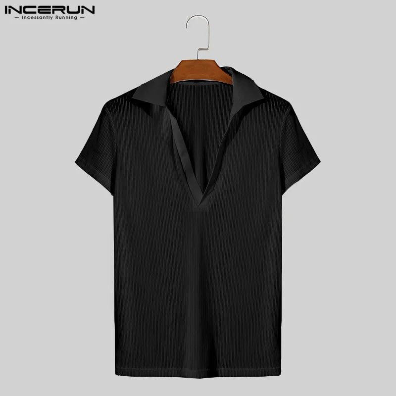 INCERUN Men's V-Neck Striped Slim Fit Short Sleeve Shirt