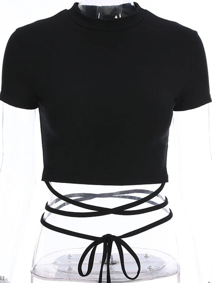 Women's Black Short Sleeve Bandage Crop Top