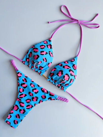 Leopard Print Brazilian Bikini with Braided Rope for Women