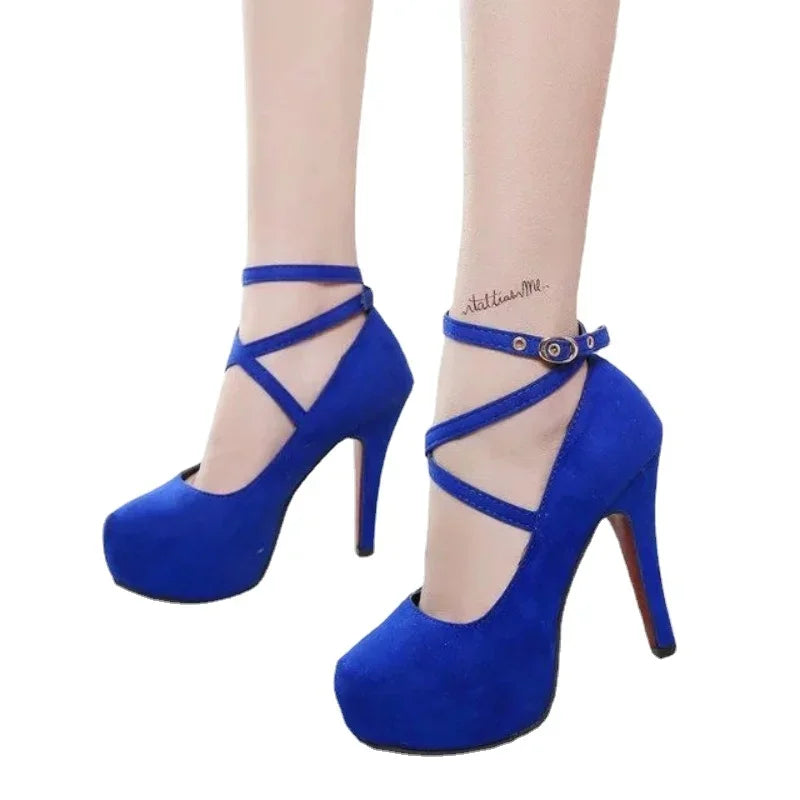 Women's High Heel  with Round Toe and Buckle Strap - Various Colors