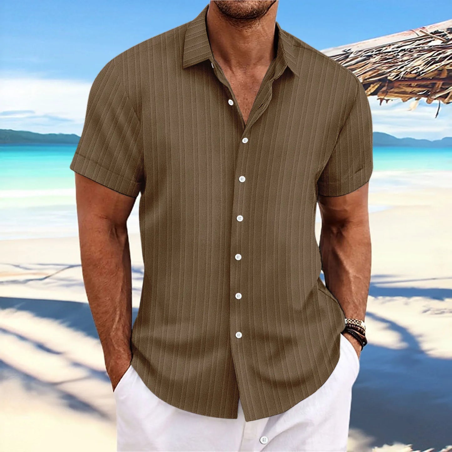 Men's Short-Sleeved Button-Up Shirt with Jacquard Wave Stripe Design