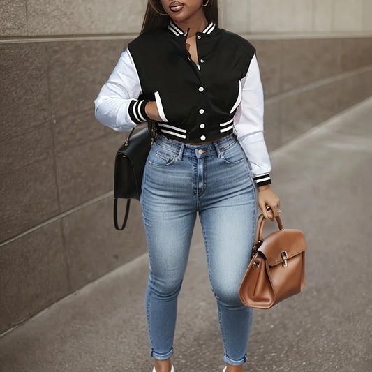 Women's Single-Breasted Lettered Baseball Jacket 