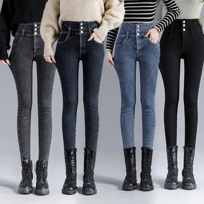 High-Waisted Thick Velvet Skinny Jeans for Women - Warm Fleece Slim Fit