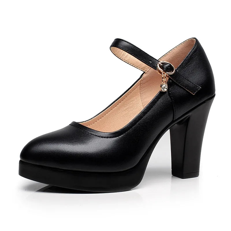 Women's Solid Black Platform Pumps with Buckle - PU Leather High Heels