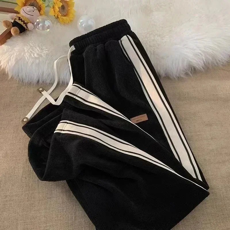 All Striped Women's Corduroy Joggers - Thick High Waist Drawstring Wide Leg Fit