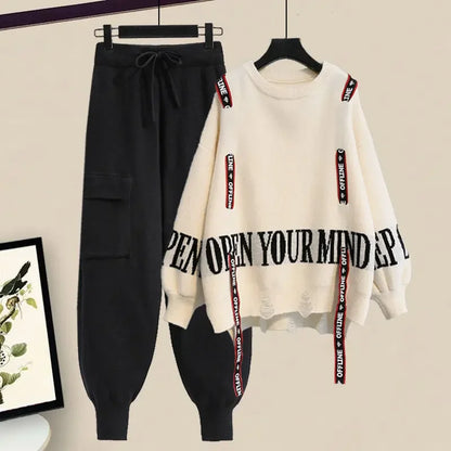 Women's Elegant Two-Piece Tracksuit: Ribbon Knitting Sweater and Pants Set