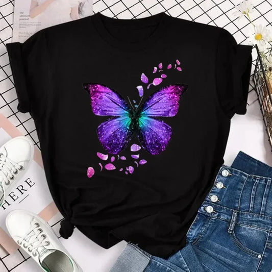 Women's Short Sleeve Round Neck T-Shirt with Colorful Butterfly Petal Print