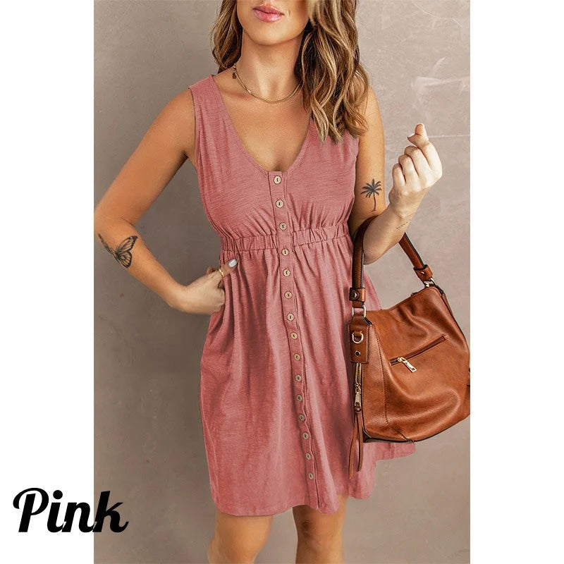 Womens  Sleeveless Buttoned Down Dress - Various Colors