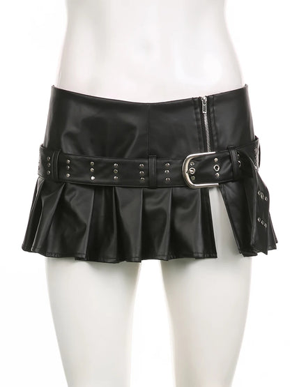 Slim Pleated Split Skirt with Sashes and Metal Buckle - Low Waist Design