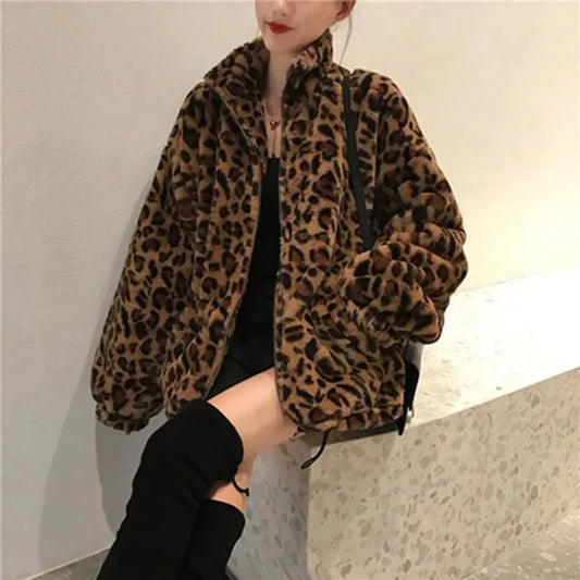 Women's Leopard Print Faux Fur Parka Coat