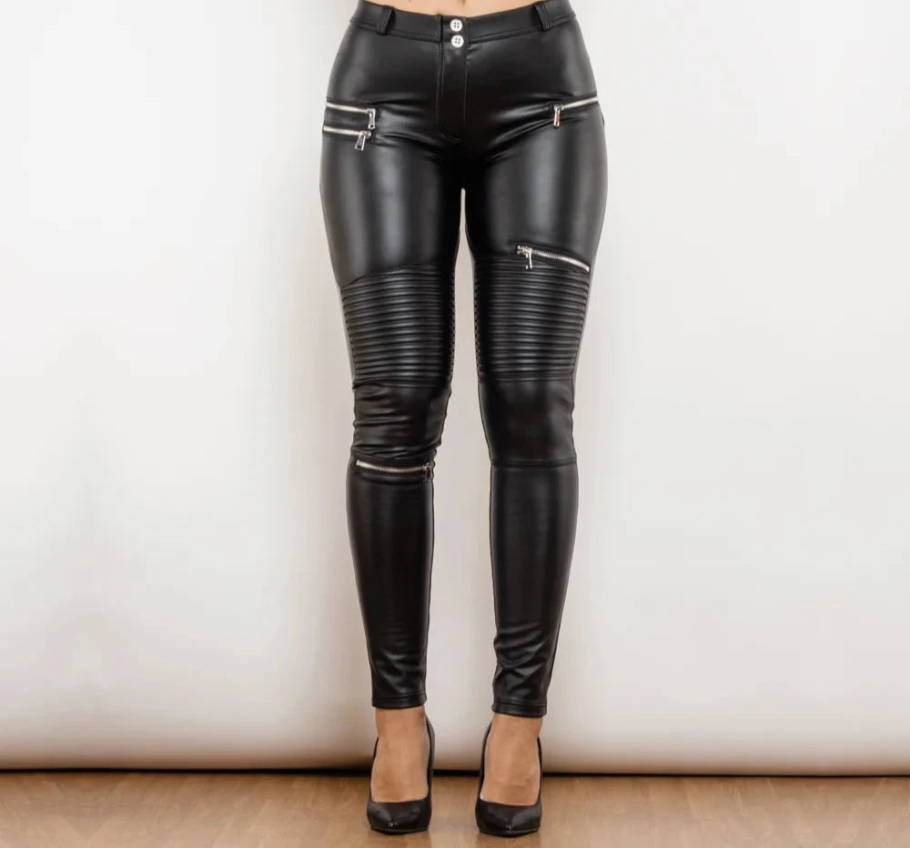 High-Waisted Elastic Faux Leather Push-Up Pants for Women in Matte Black