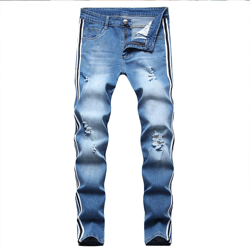 Men's Slim Fit Ripped Skinny Denim Jeans with Side Stripe