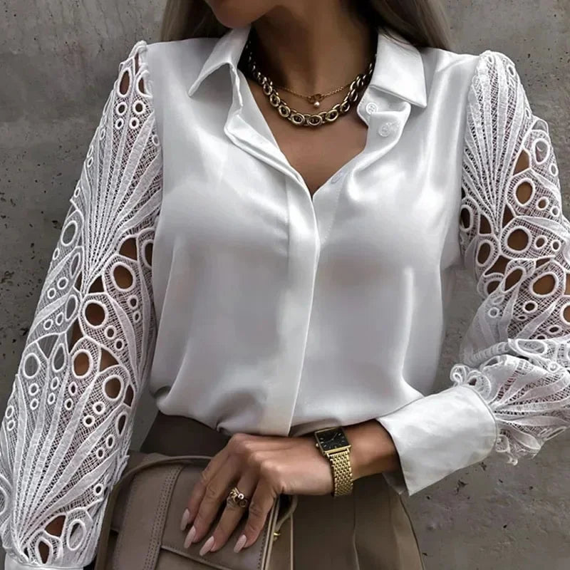 Lace Hollow Out Blouse for Women - Vintage Long Sleeve Button-Up Top