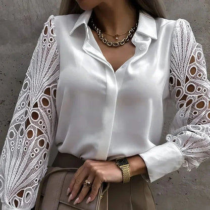 Lace Hollow Out Blouse for Women - Vintage Long Sleeve Button-Up Top