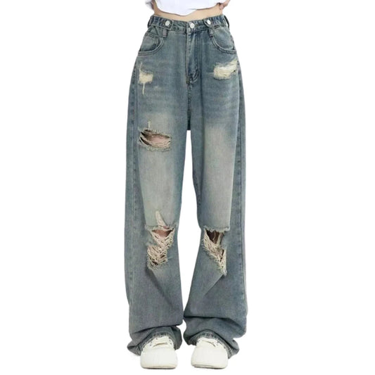 Women's Retro High-Waisted Loose Straight-Leg Jeans with Hole Punched Design