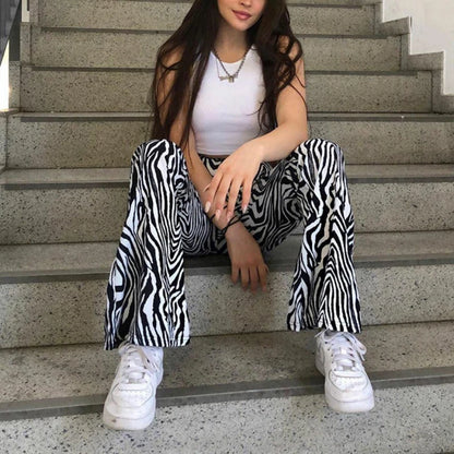 Zebra Print Wide-Leg Trousers - High-Waisted Casual Pants for Women