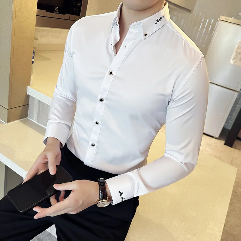 Men's Long Sleeve Slim Fit Shirts with Neckline Embroidery