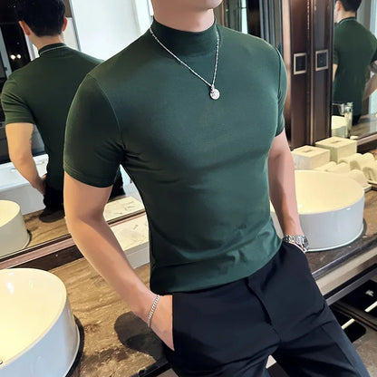 Men's Slim Fit Short Sleeve Turtleneck Cotton T-Shirt - Various Colors