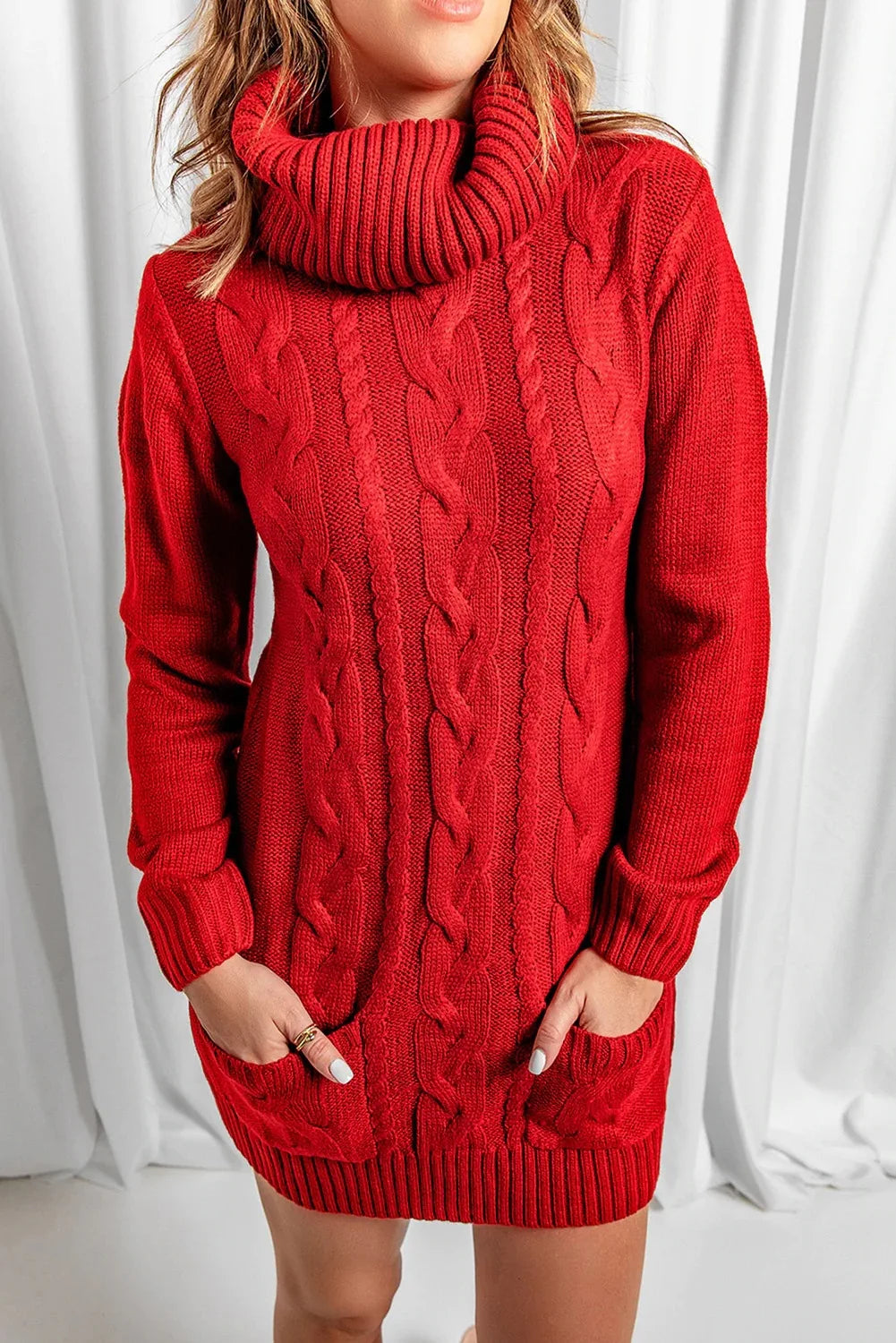 Women's High Neck Long Knitted Sweater Dress - Various Colors