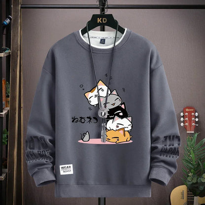 Men's Sweater with Japanese Cartoon Cat Print - Various Colors