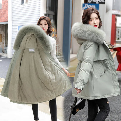 Women's Long Hooded Parka Coat with Wool Lining and Fur Collar - Various Colors