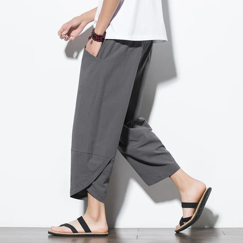 Men's Baggy Linen Cropped Trousers with Large Pockets - Oversized Loose Fit