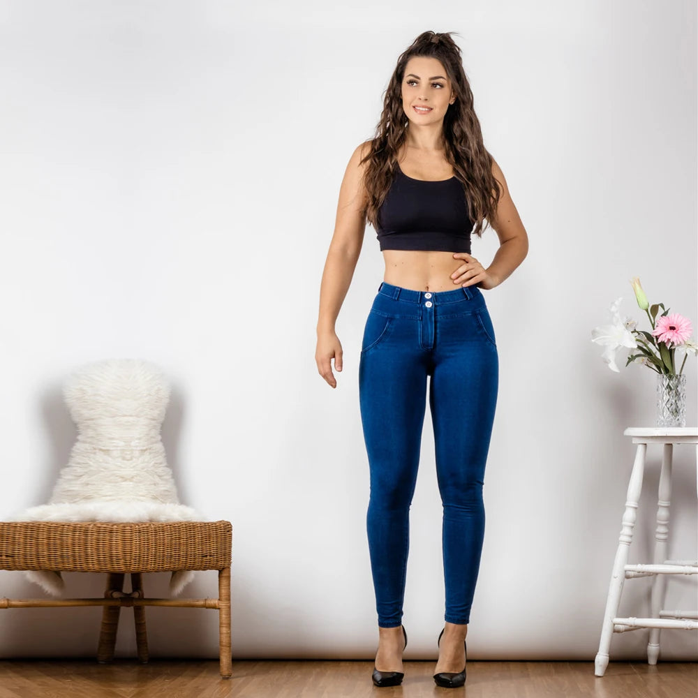 Mid Rise Super Stretch Straight Leg Jeans - in Dark Blue