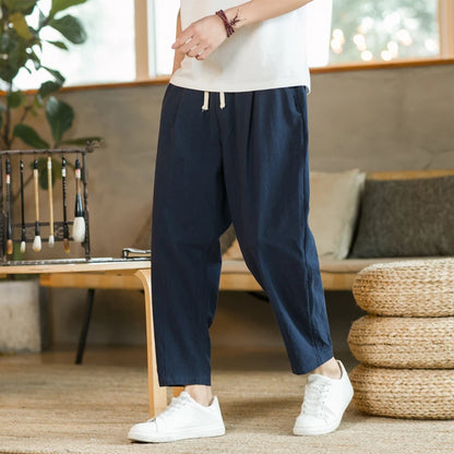 Men's Casual Loose Fit Cotton Trousers - Breathable Drawstring Pants - Various Colors