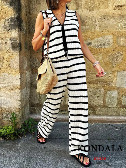 Chic Women's Knit Pants and Lace Vest Top Set - Striped Streetwear Outfit