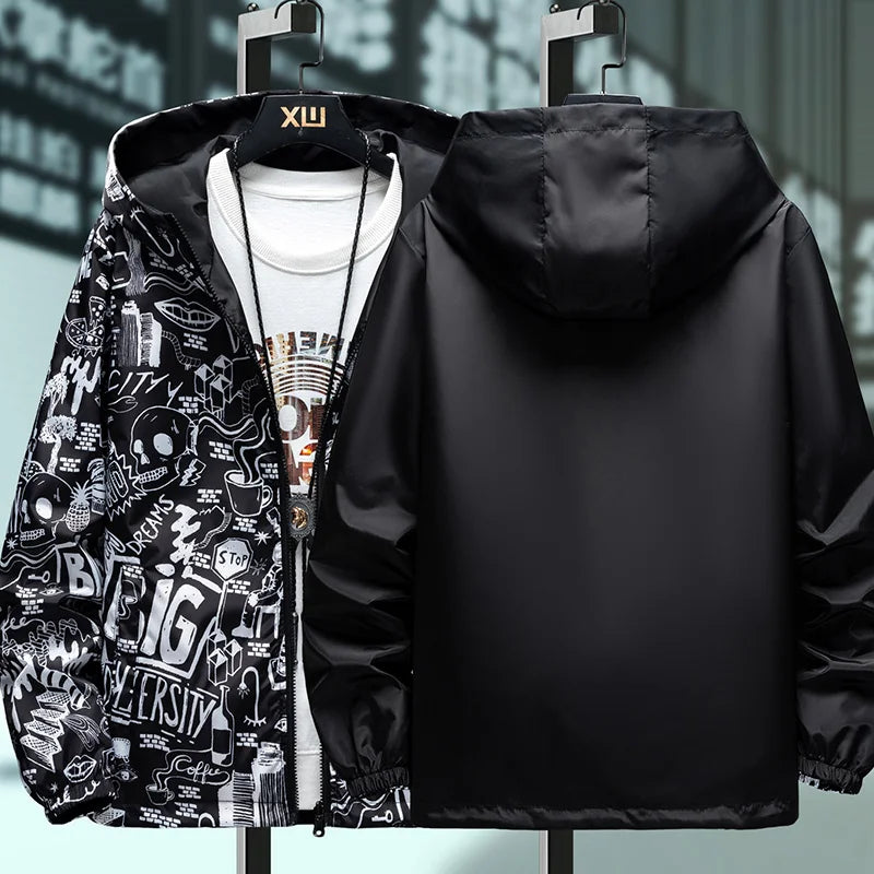 Men's Reversible Graffiti Print Hooded Jacket