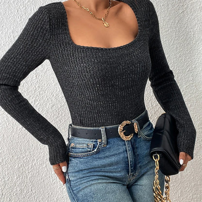 Vintage-Inspired Women's Square Neck Knit Top - Casual Slim-Fit Solid Knitwear