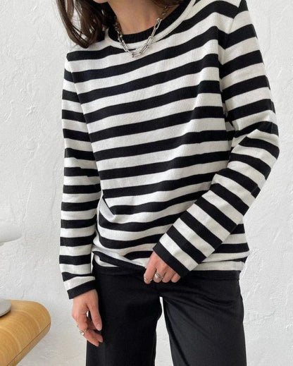 Women's Knitted Stripe Sweater - Loose Fit, Long Sleeve - Various Colors