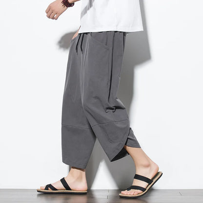 Men's Baggy Linen Cropped Trousers with Large Pockets - Oversized Loose Fit