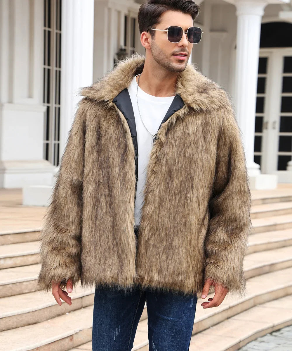 Men's Thick Fluffy Faux Fur Coat with Long Sleeves