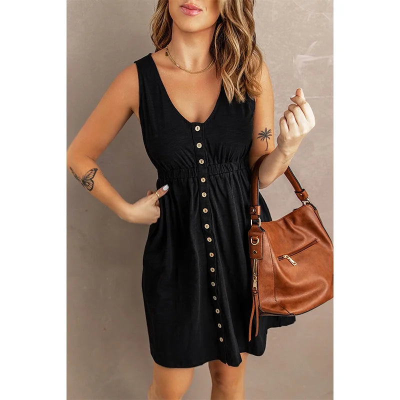 Womens  Sleeveless Buttoned Down Dress - Various Colors