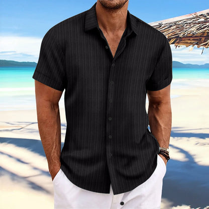 Men's Short-Sleeved Button-Up Shirt with Jacquard Wave Stripe Design