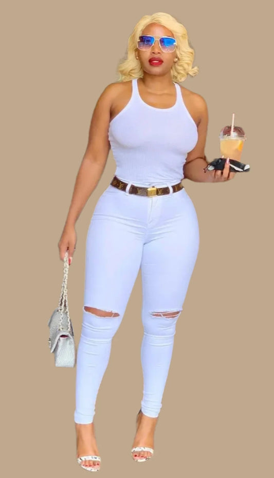 Women's White High-Waisted Ripped Slim Stretch Jeans