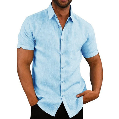 Casual Men's Short-Sleeved Cotton Linen Shirt with Turn-down Collar