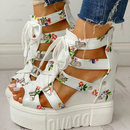 Womens Wedge Sandals - High Heel Platform Shoes with Laces