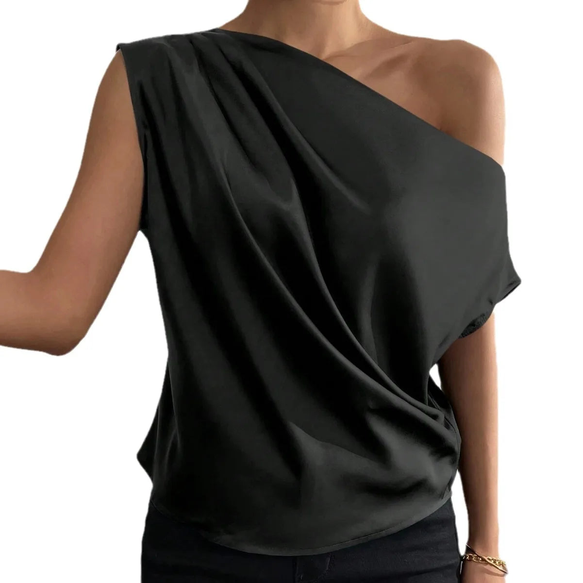 Asymmetric Slant Neck Blouse - Folded Single Shoulder Detail