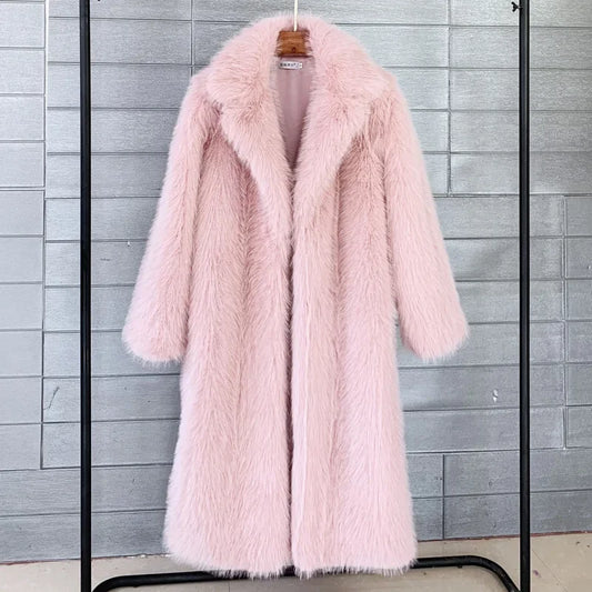 Warm Long Faux Fur Overcoat for Women with Turn Down Collar