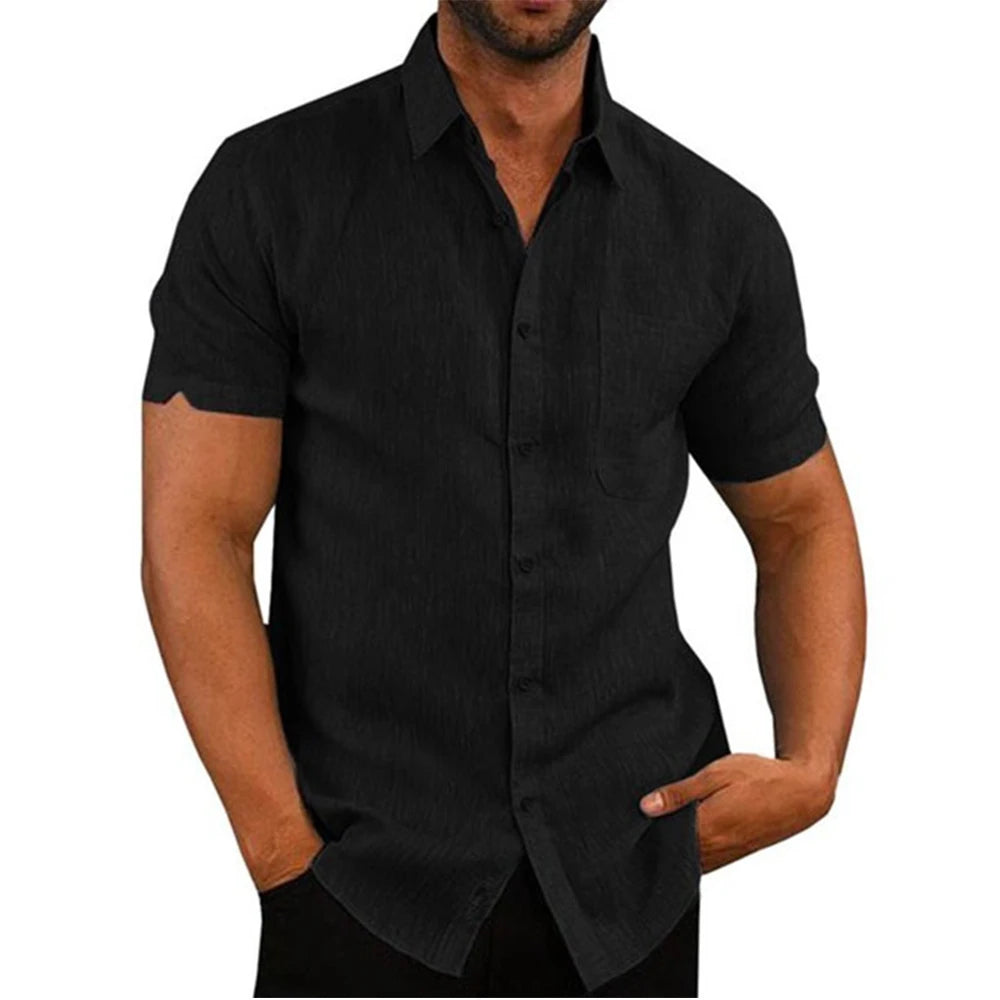 Casual Men's Short-Sleeved Cotton Linen Shirt with Turn-down Collar