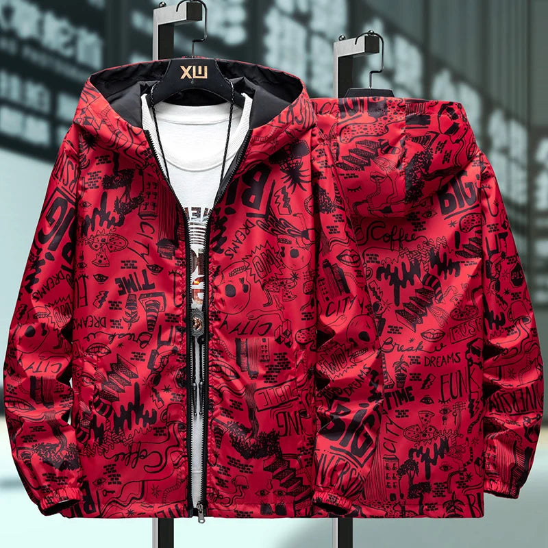 Men's Reversible Graffiti Print Hooded Jacket