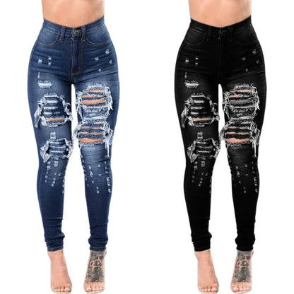 Womens Stretchy High-Waisted Ripped Skinny Jeans